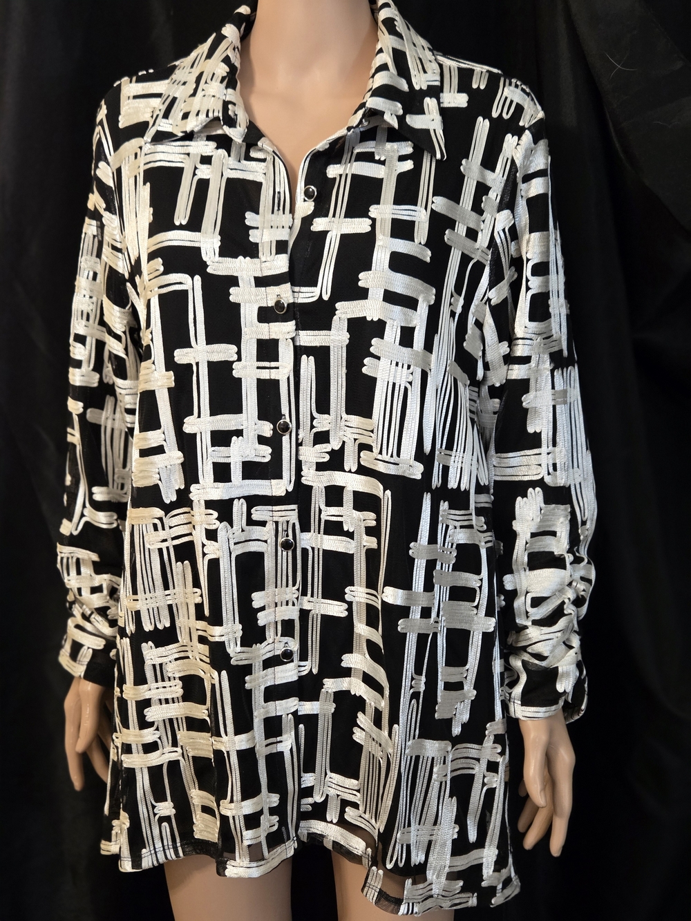 Black & White With White Trim Applied To Black Mesh Button-Up Tunic